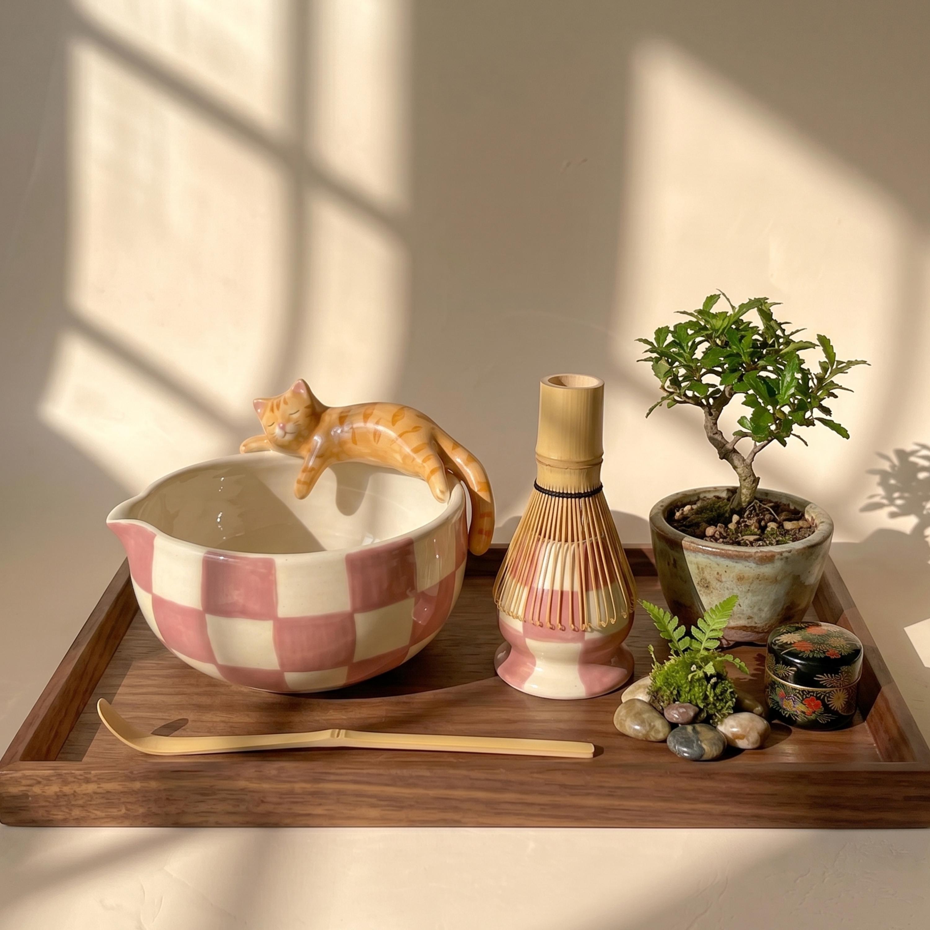 Custom Ceramic Cat-On-Bowl Matcha Set | Handmade Checkered Chawan & Chasen Holder
