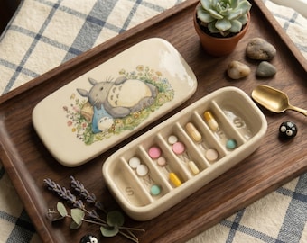 Anime Inspired Ceramic Pill Case | Watercolor Forest Spirit Medicine Box, Travel Organizer