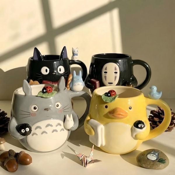 Handmade Whimsical Anime Ceramic Mugs | Forest Spirit, Shadow Ghost & Black Cat Drinkware