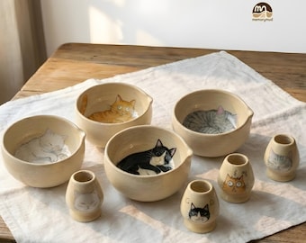 Handgefertigte Keramik Katze Matcha Schüssel Set, japanische Teezeremonie Geschenk