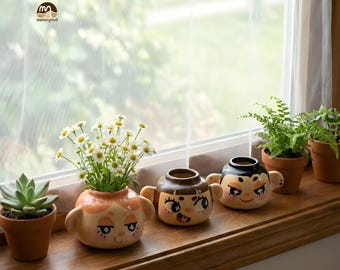 Handbemalte Keramik Gesicht Vase Set, Wunderliche Desktop Pflanzer, Wohnkultur