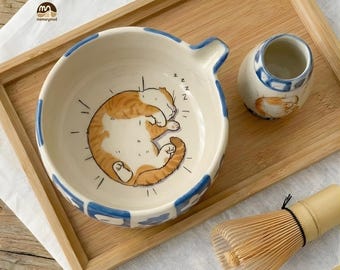 Handbemalte Keramik Katzennapf-Set, Blaues Schachbrettmuster, Kawaii Matcha Set, Chawan + Chasenhalter