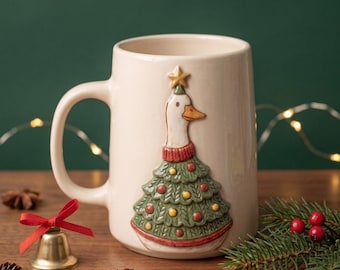 Handmade Christmas Goose Mug, 3D Ceramic Coffee Cup with Tree Costume