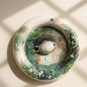 以下が含まれることがあります： 風変わりなデザインの装飾用セラミックボウル。ボウルの内側には、横たわっている灰色のキャラクターがいる森のシーンが描かれています。縁は白で、緑のシダと花のアクセントが付いています。家の装飾のための魅力的な作品。