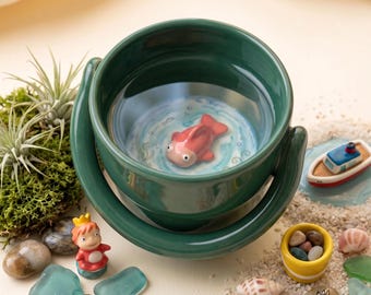 seau vert fait main avec poisson surprise 3D à l'intérieur | Tasse à thé océan inspirée des dessins animés