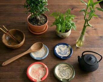 Handgemachte Vier Heilige Tiere Keramik Löffel Rest Set, Orientalische Küche Dekor