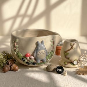 Hand-sculpted Ceramic Forest Spirit Bowl & Bud Vase Set | Kawaii Woodland Pottery, Cottagecore Decor