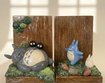 Kawaii Forest Spirit Ceramic Bookends | Handcrafted Woodland Creature Bookshelf Decor | Anime Style Desk Accessories