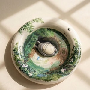 Puede incluir: Un plato decorativo de cerámica con una escena de bosque pintada a mano con una figura gris de Totoro descansando en una cueva. El plato tiene un borde blanco con acentos de helechos y flores verdes. El diseño incluye pequeñas figuras azules y una criatura oscura.