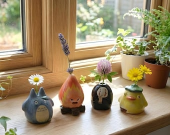 Handgefertigtes wunderliches Anime Keramik Minivasen-Set | Waldgeist, Feuerdämon & Schattengeist Dekor