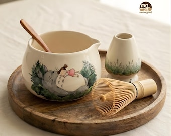 Handbemaltes Waldgeist Matcha Schüssel Set | Zauberhafter Anime Tee Chawan