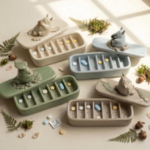 May include: A collection of ceramic pill organizers in various pastel colors, each with a lid featuring a whimsical animal figurine. The organizers are divided into seven compartments, labeled for each day of the week, and contain pills.