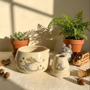 May include: A collection of ceramic items and potted plants. A large cream ceramic bowl with a Totoro design, a small vase, a plush Totoro, and a wooden Catbus figurine are displayed with potted plants and acorns.