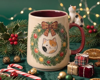 Handmade Christmas Cat Mug, 3D Calico Kitten Ceramic Coffee Cup