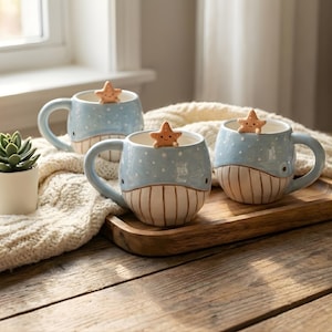 Hand-Painted Blue Whale Mug with Starfish Charm, Coastal Decor