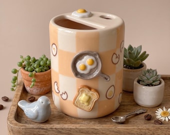 Tasse à siroter en céramique artisanale, motif esprit du feu, idéale pour le matcha et le petit-déjeuner, couleur pêche à carreaux.