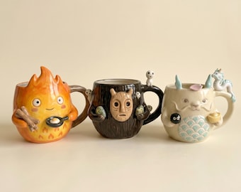 Anime inspirierte 3D-Skulptierte Keramikbecher | Feuergeist, Schattengeist, Drachenwächter