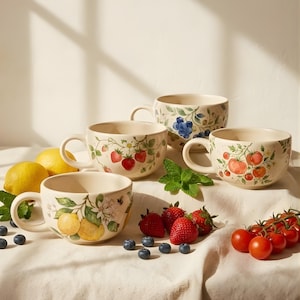 Könnte beinhalten: Vier Keramiktassen mit botanischen Illustrationen von Erdbeeren, Blaubeeren, Tomaten und Zitronen. Die Tassen sind mit frischen Erdbeeren, Blaubeeren, Minzblättern, Zitronen und einer Rispe Kirschtomaten arrangiert, die um sie herum verteilt sind.