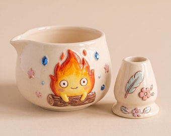 Ensemble bol à matcha en céramique avec bec verseur, chawan artisanal « Esprit du feu » et porte-fouet