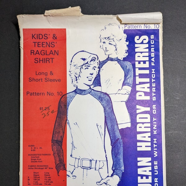 NOS Unused 1973 Kids & Teens Short Long Sleeved Raglan Shirt Jean Hardy Pattern 10 Sizes 8-20 S-XL