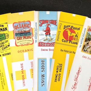 May include: Five vintage tobacco packaging labels with yellow backgrounds and white text. The labels feature different brands, including Union Workman, Oceanic Cut Plug, Snow Shoe, Dan Patch Cut Plug, and Long Distance. The labels are all in a similar style, with a red and black color scheme and a vintage look.