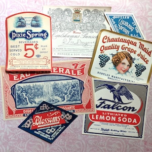1900s to 1930s Soda Juice Water Beverage Drink Labels red white blue