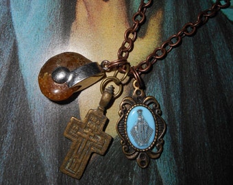 Catholic Christian Relic Treasure Necklace Antique Believers Cross Mary Ammonite