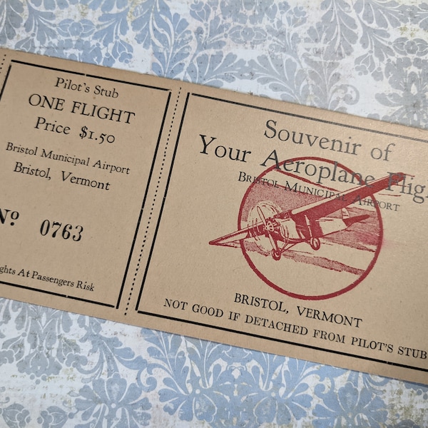1930s Bristol Vermont Unused plane Flight Ticket Souvenir