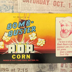 Original 1950s Atomic Bomb Buster Pop Corn Label Rays Farm Foods