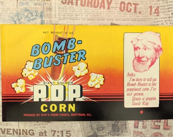 Original 1950s Atomic Bomb Buster Pop Corn Label Rays Farm Foods