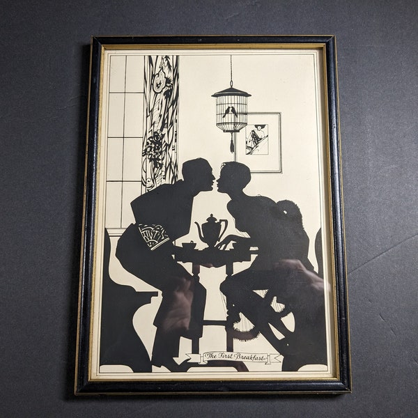 Original Art Deco Silhouette Print First Breakfast by Buckbee Brehm 1930s Honeymoon Lovers Couple