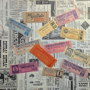May include: A collection of vintage coupons and tickets scattered on a newspaper background. The tickets vary in color, including orange, pink, and yellow, and feature text such as "Coupon Check" and "Ritz Theatre".