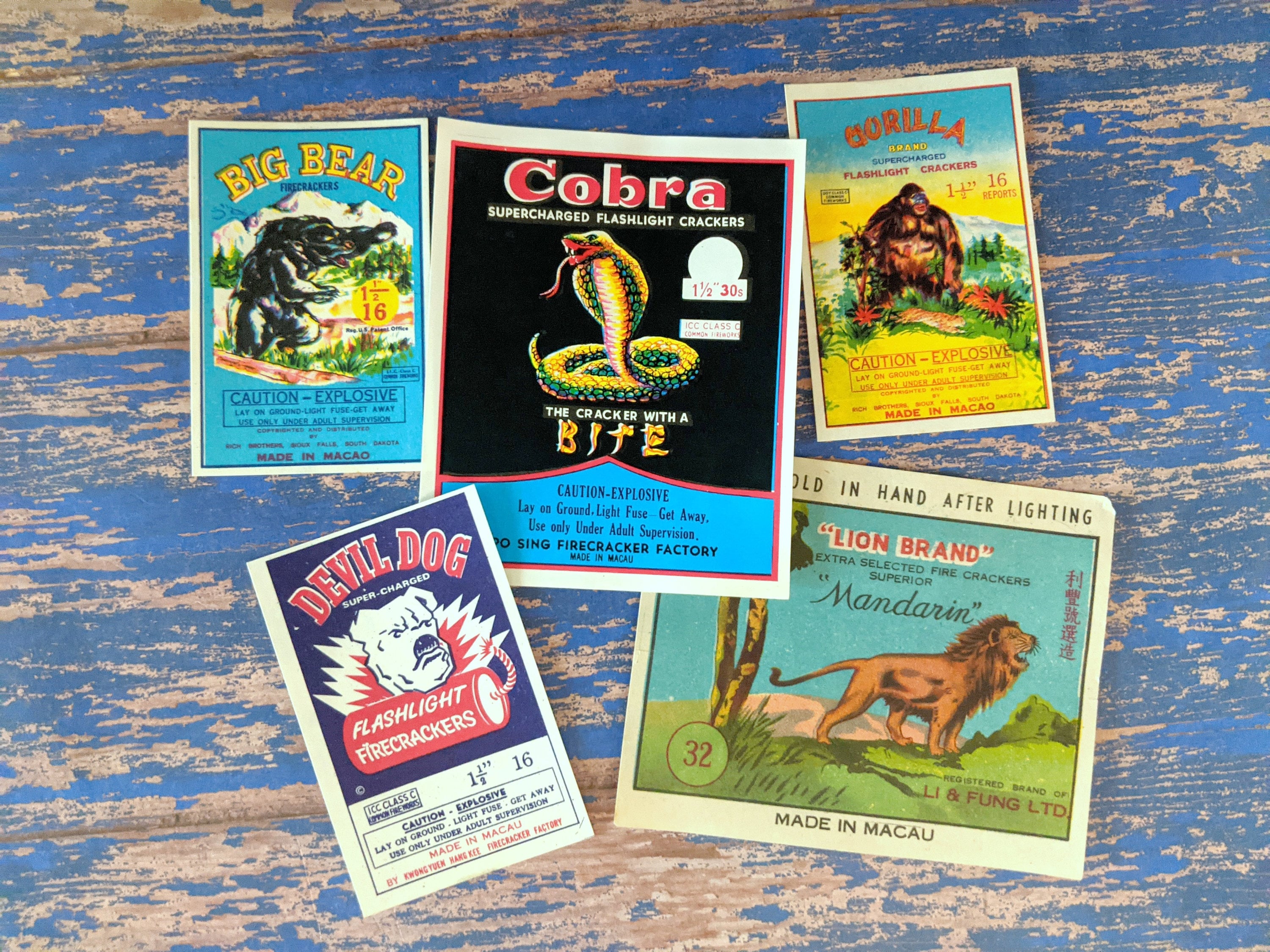 Choice Vintage 1970s Macau Fireworks Labels New Old Stock Bear