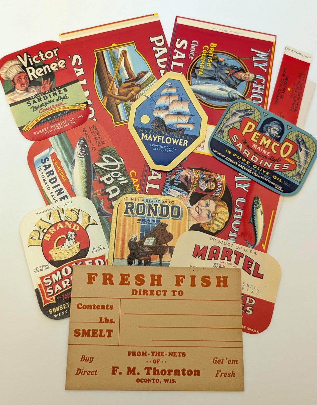 11 Original Mid Century Ocean Fish Related Ephemera Labels Tag Salmon ...