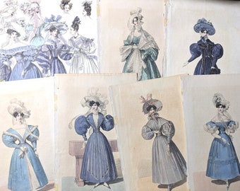 May include: A collection of vintage fashion plates depicting women in various styles of dresses and hats. The plates are printed in black and white with hand-coloured details. The women are wearing dresses with puffed sleeves, bonnets, and elaborate hats.