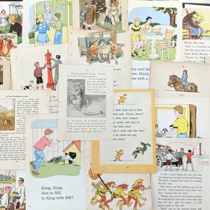 35 Random Pages Original Early and Mid Century Primary School Children&#39;s Books Dick and Jane