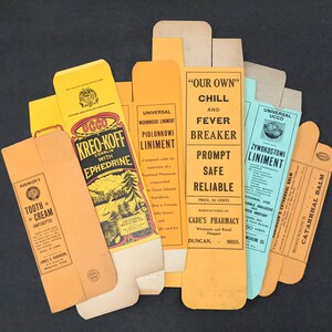 Choice One 1900s Antique Victorian Edwardian Pharmacy Medicine Box Quackery Tonic Tooth Paste Balm Liniment