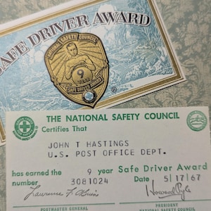 1967 National Safety Council USPS Nine Year Safe Driver Identification and Award Card