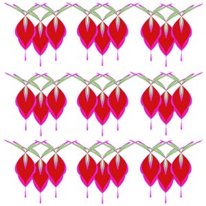 Peut inclure: Motif répété de formes florales stylisées rouges et roses avec des accents verts et violets sur fond blanc. Le motif présente une disposition symétrique des éléments floraux, créant un motif visuellement attrayant et décoratif.