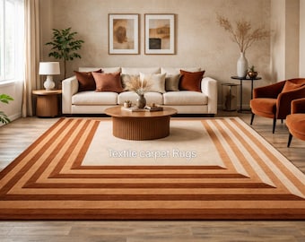 Modern Geometric Terracotta Beige Striped Area Rug, Minimalist Living Room Carpet (12 x 15 feet)