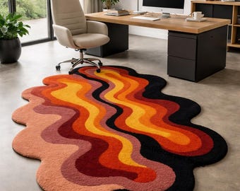 Abstrakt handtuftad matta, vågig matta, modern matta, retro orangebrun matta, unik oregelbunden matta, skandinavisk golvdekor