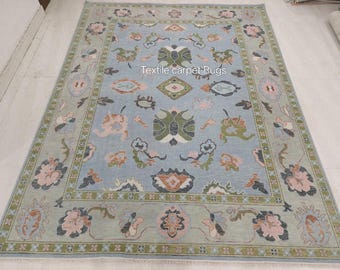 Alfombra Oushak anudada a mano, alfombra floral azul pastel, alfombra de estilo turco vintage, alfombra de lana suave y tenue, decoración para sala de estar y dormitorio.
