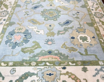 Hand Knotted Oushak Wool Rug, Pastel Blue Floral Living Room Carpet
