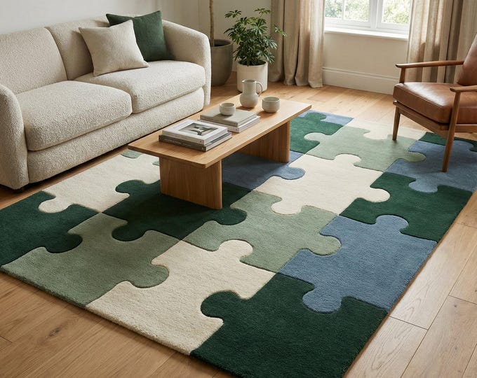 Featured listing image: Handmade Wool Puzzle Rug | Modern Geometric Green, Blue, Beige Carpet