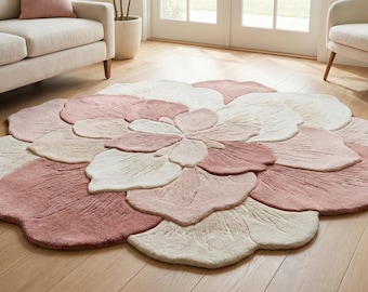 Hand-Tufted Wool Flower Rug – 3D Pink Floral Area Carpet