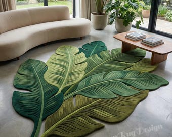 Hand-Tufted Banana Leaf Wool Rug, Tropical Green Carpet