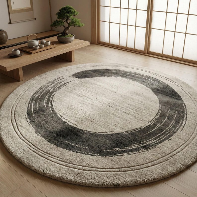 Hand Tufted Wool Round Rug – Japandi Zen Circle, Modern Abstract - Etsy