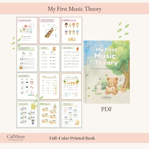 Może przedstawiać: Pełnokolorowa drukowana książka zatytułowana "My First Music Theory" z okładką przedstawiającą misia, królika i gitarę. Obrazek przedstawia również kilka stron z nutami i ilustracjami oraz tekst "CalMuse Foundation".