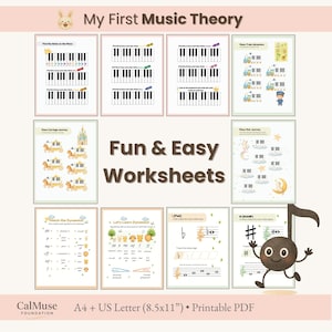 May include: A set of colourful music theory worksheets for beginners, featuring piano keys, musical notes, and fun illustrations. The text reads "My First Music Theory" and "Fun & Easy Worksheets". Includes "A4 + US Letter (8.5x11") Printable PDF".