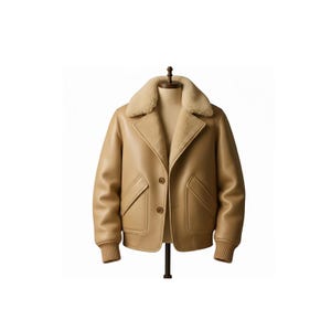 以下が含まれることがあります： ベージュのシアリングカラーと裏地が付いた、タン色のレザージャケット。 ジャケットには、2つのフロントポケット、ボタン留め、リブ編みの袖口が付いています。 マネキンに飾られたジャケット。